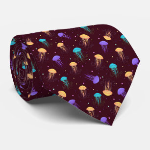 Multicolor jelly fish pattern on maroon background tie