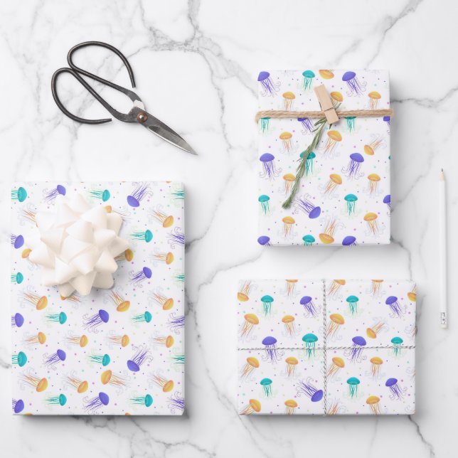 Multicolor jelly fish pattern wrapping paper sheet (Front)