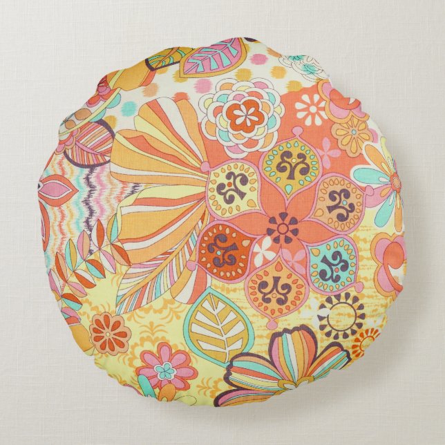 Multicolor Orange Floral Print Round Throw Pillow (Back)