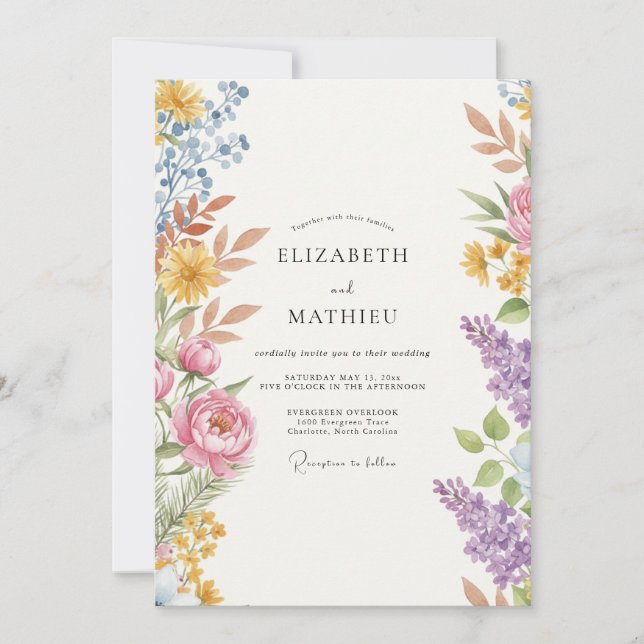 Multicolor Painted Wildflower Wedding Invitation (Front)