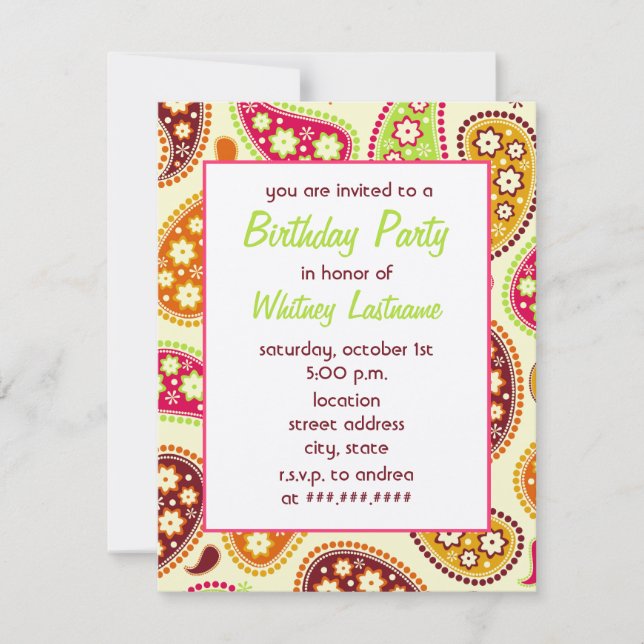 Multicolor Paisley Birthday Party Invitation (Front)