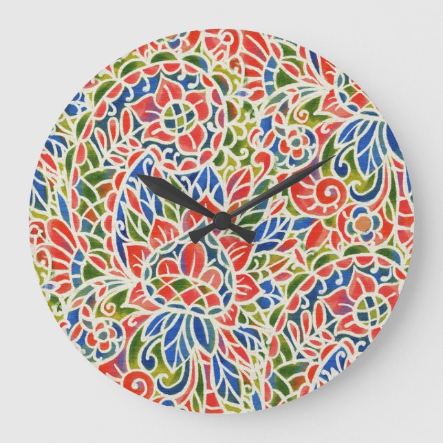 Multicolor Paisley Print Batik Pattern Large Clock (Front)