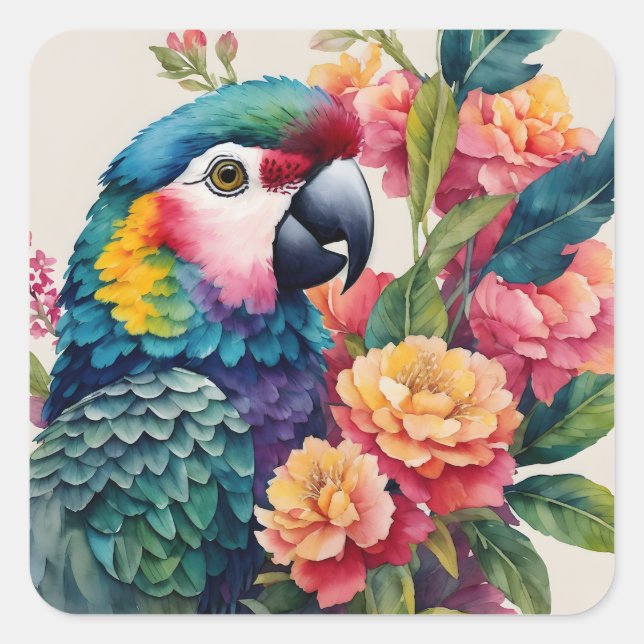 Multicolor Parrot Floral Watercolor Art Square Sticker (Front)