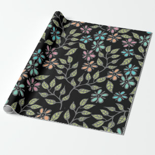 Multicolor Pastel Floral on Black Background Gift Wrapping Paper