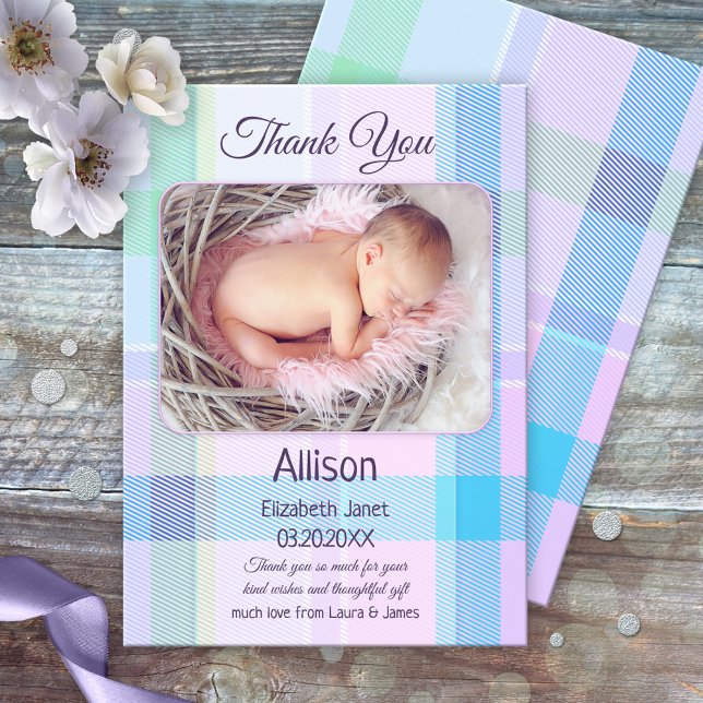 Multicolor Pastel Plaid Baby Photo Thank You Card (Gender neutral baby Thank You card with a photo of your own baby on a multicolored pastel plaid)