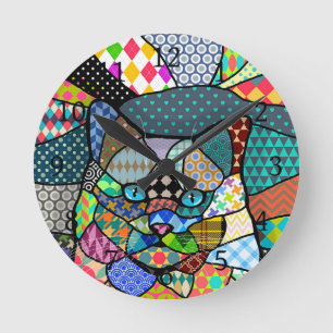 Multicolor Pattern Cat 691 Round Clock