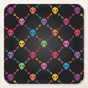 Multicolor pattern with skulls square paper coaster