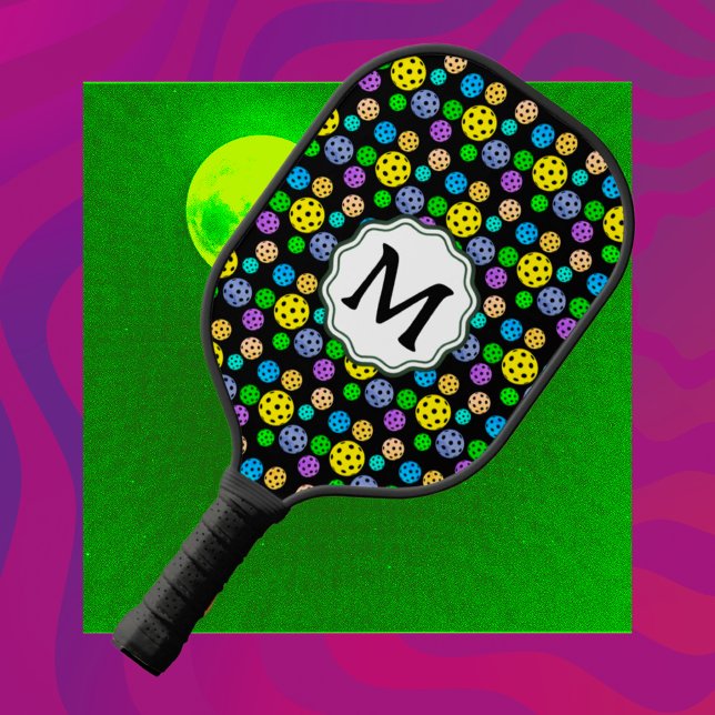Multicolor Pickleballs Pop Art Monogram  Pickleball Paddle (Striking stylish design!)