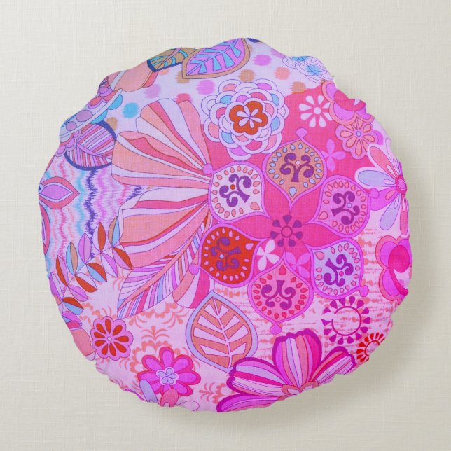 Multicolor Pink Floral Print Round Throw Pillow (Back)