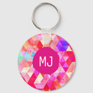 Multicolor Pink Watercolor Triangle Pattern Key Ring