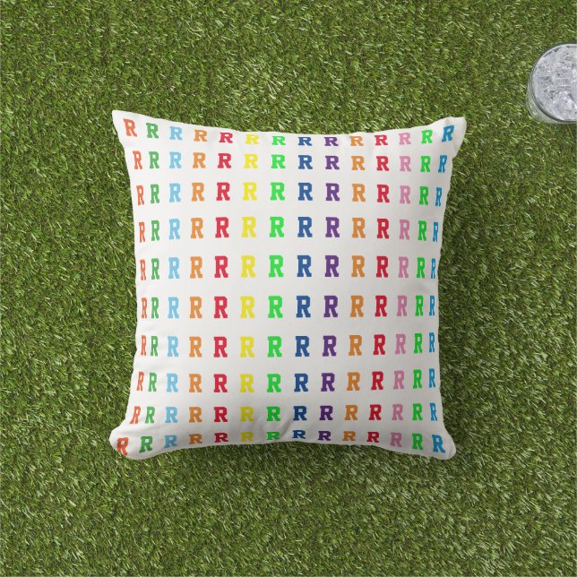 multicolor R (custom) initial letter Outdoor Cushion (Grass)