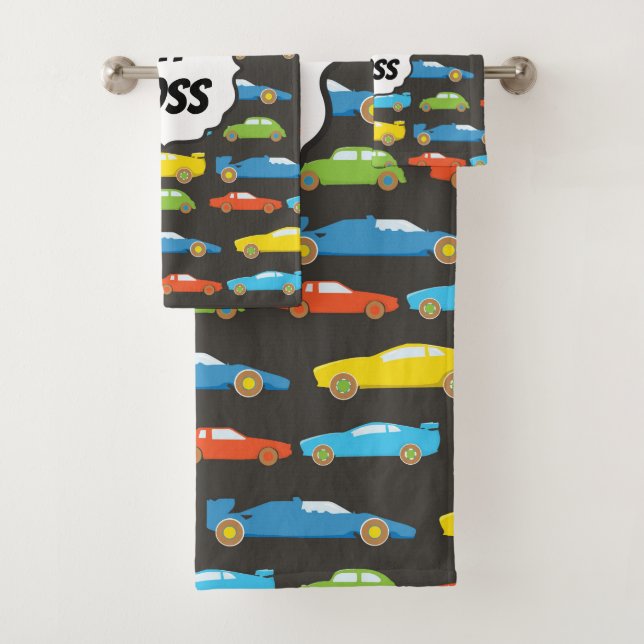 Multicolor Race Cars on Black Personalised Bath Towel Set (Insitu)