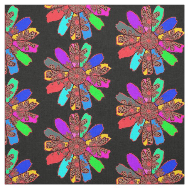 Multicolor Retro Floral on Black Bold Design Fabric (Swatch)