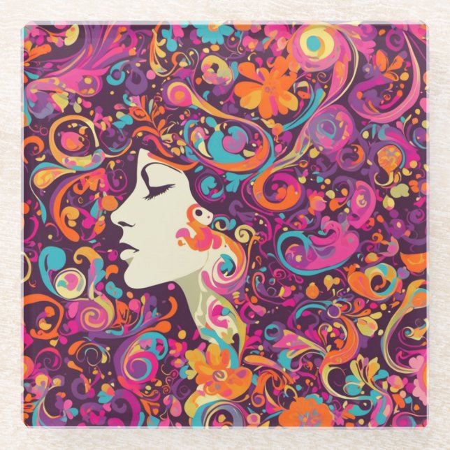 Multicolor Retro Hippie Boho style Glass Coaster (Front)