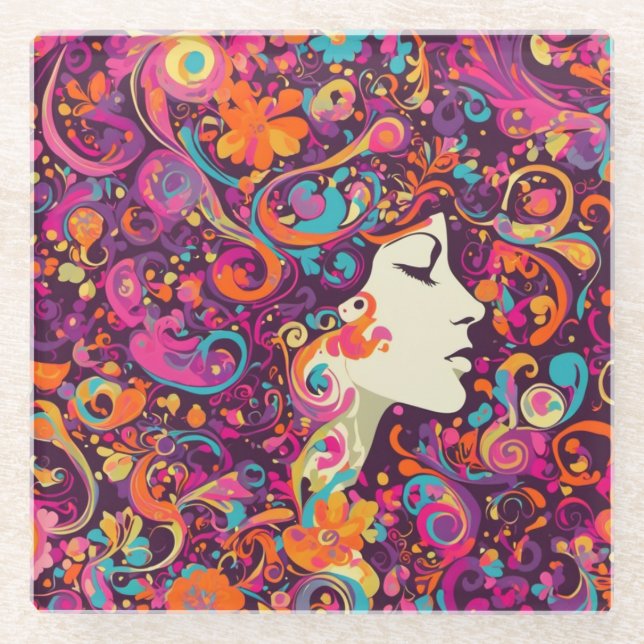 Multicolor Retro Hippie Boho style Glass Coaster (Front)