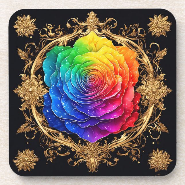 🌹 Multicolor Rose Ornate Gold Floral Elegance 🌹 Coaster (Front)