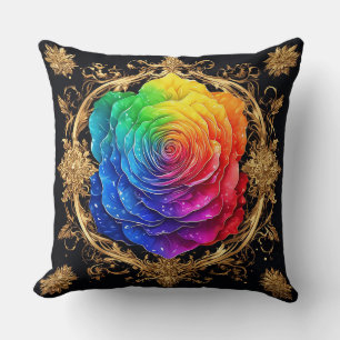 Multicolor Rose with Ornate Golden Flourishes Cushion
