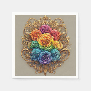 Multicolor Roses with Ornate Golden Flourishes Napkin