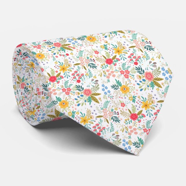 Multicolor spring floral pattern white background tie (Rolled)