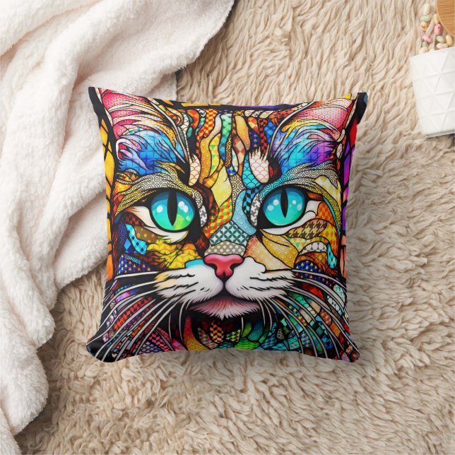 Multicolor Stained Glass Cat 710 Cushion (Blanket)