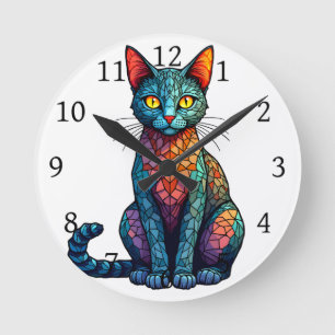 Multicolor Stained Glass Cat 784 Round Clock