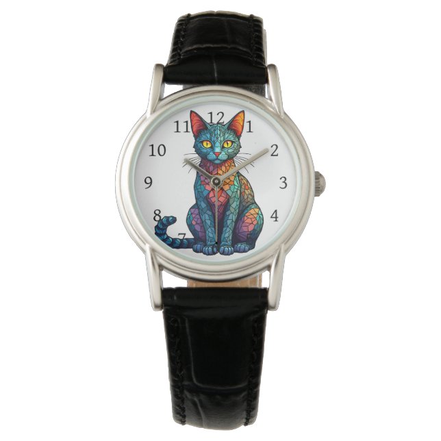 Multicolor Stained Glass Cat 784 Watch (Front)