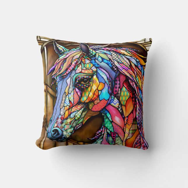 Multicolor Stained Glass Mosaic Style Horse 14 Cushion (Front)