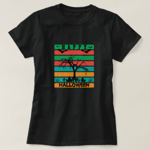 Multicolor Stripe Cemetery with Bats and Tree T-Shirt