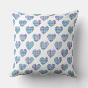 Multicolor striped blue hearts on white cushion