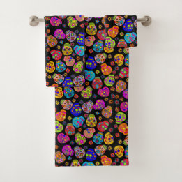 Multicolor Sugar Skulls Bath Towel Set