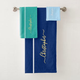 Multicolor Teal Blue White Racing Stripes Monogram Bath Towel Set