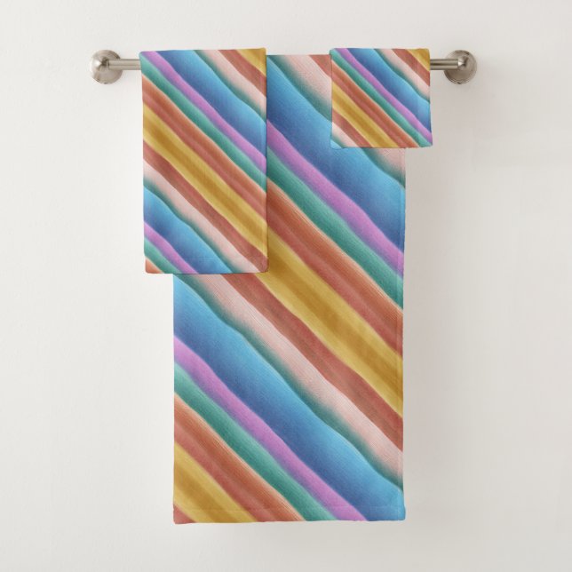Multicolor Watercolor Stripes Pattern Bath Towel Set (Insitu)