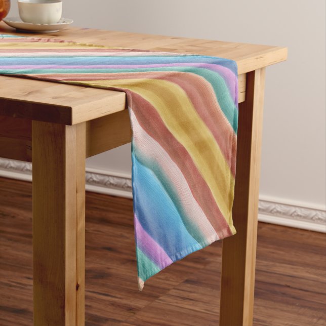Multicolor Watercolor Stripes Pattern Short Table Runner (In Situ)