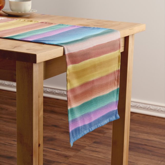 Multicolor Watercolor Stripes Pattern Short Table Runner (In Situ)