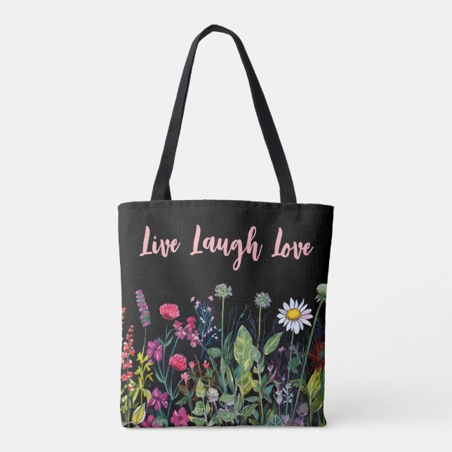 Multicolor Watercolor Wildflowers on Black Tote Bag (Back)