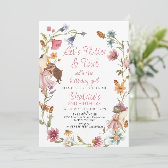 Multicolor Wildflower Wreath and Fairy Birthday Invitation (Standing Front)