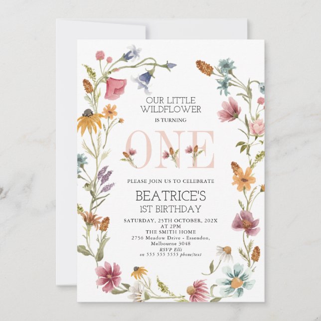 Multicolor Wildflower Wreath Girls First Birthday Invitation (Front)