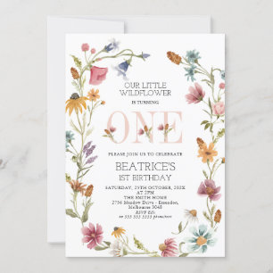 Multicolor Wildflower Wreath Girls First Birthday Invitation