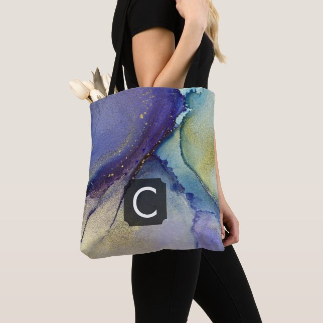 Multicolored Abstract Liquid Art & Gold, Monogram Tote Bag (Close Up)