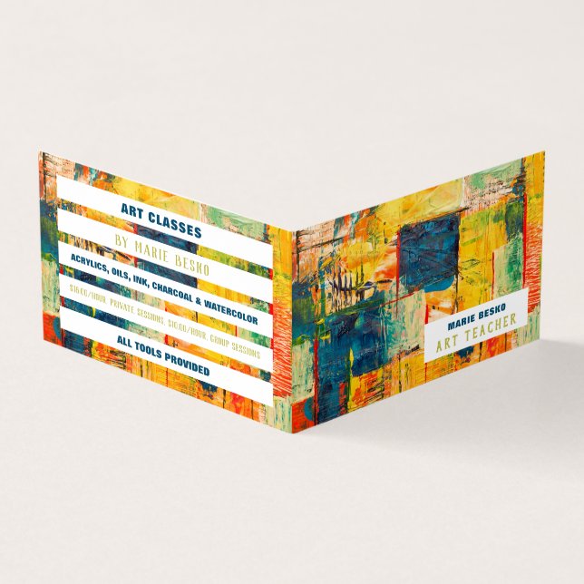 Multicolored Abstract Paint, Art Teacher, Detailed Business Card (Outside)