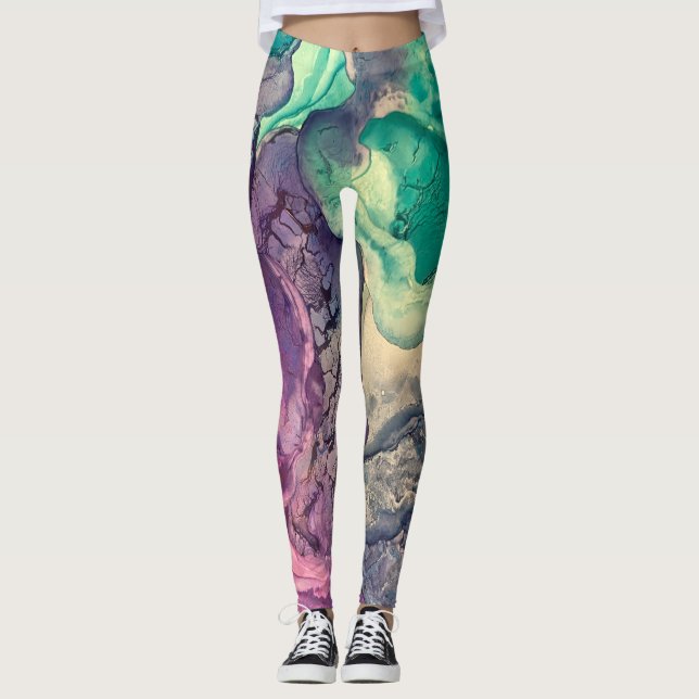 Multicolored Alcohol Ink Liquid Abstract Art Leggings (Front)