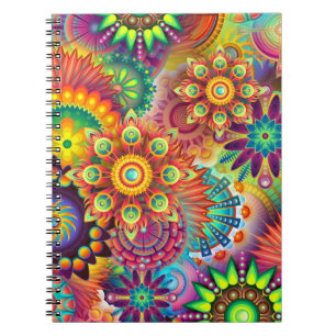Multicolored Art Deco Flower Shapes Pattern Spiral Notebook