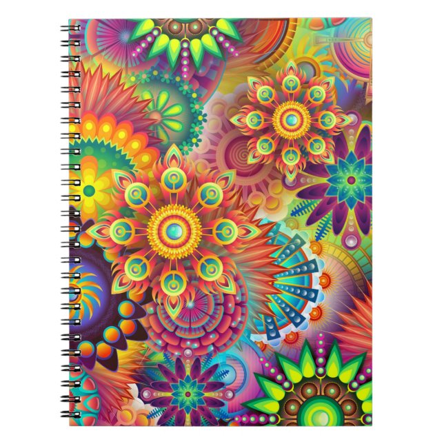 Multicolored Art Deco Flower Shapes Pattern Spiral Notebook (Front)