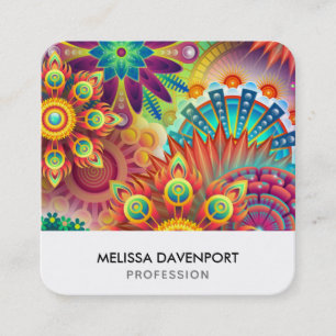 Multicolored Art Deco Flower Shapes Pattern Square Business Card