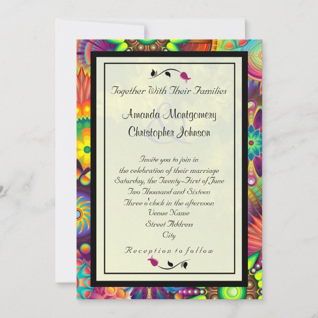 Multicolored Art Deco Flowers Abstract Wedding Invitation (Front)