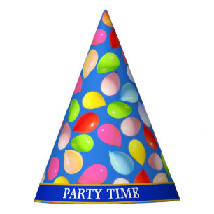 Multicolored balloons on sky blue party hat