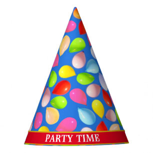 Multicolored balloons on sky blue party hat