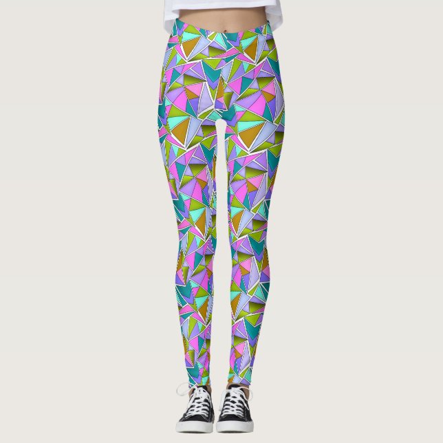 Multicolored bright neon geometric pattern  leggings (Front)