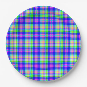 Multicolored bright neon with a chequered pattern paper plate