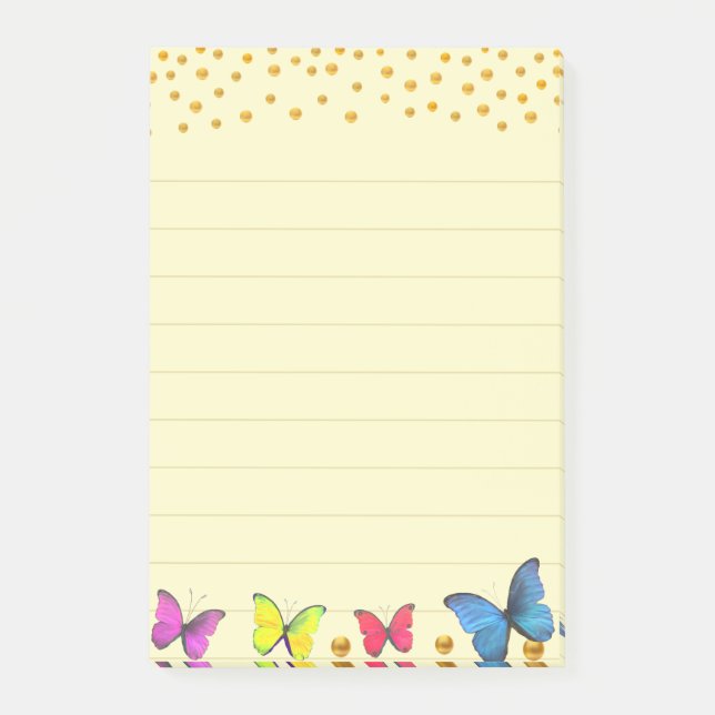 Multicolored Butterflies & Gold Confetti on Lined Post-it Notes (Front)